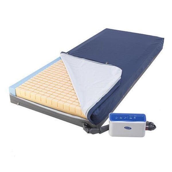 Premier Active 1 anti-decubitus matras met pomp en afritsbare blauwe hoes, geschikt voor drukverdeling en preventie van doorligwonden